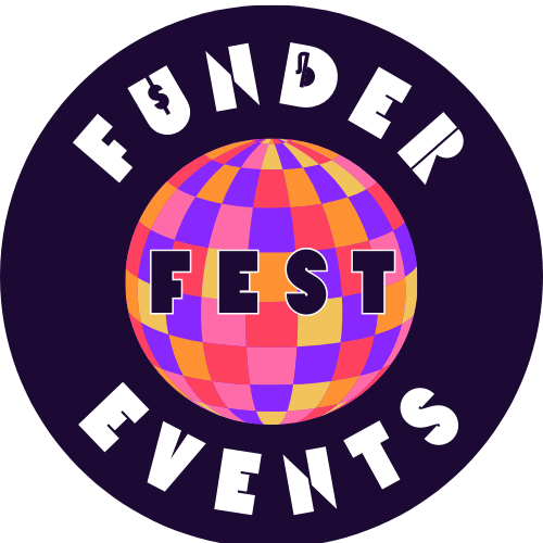 FunderFest Events project logo. The logo consists of a pink, purple and orange disco ball with the word Funder above, Fest on the inside and Events below.