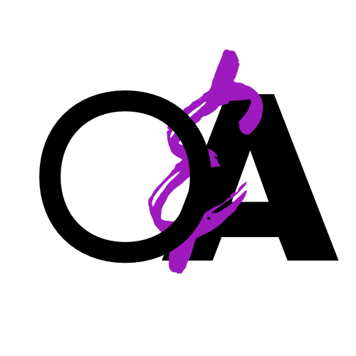 This image is the Out and About logo. The logo consists of a the letter O and A in close proximity. They are both black. Squeezed between both letters is an & symbol. The & symbol is purple.
