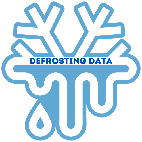 Defrosting Data icon, with dark blue text written within a melting snowflake.